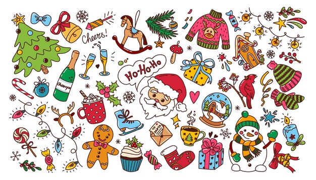 クリスマステーマのカラフルで面白いドードル要素の大きなセット 手描きのベクトルドードル