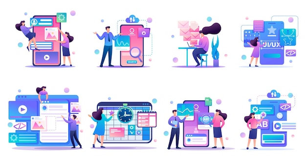 ランディングページのコンセプトとウェブデザインのためのスマートフォンタブレット上の若者の仕事のコンセプトの大規模なセット