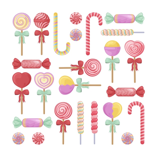 A large set consisting of colorful candies and lollipops. Candy drops. Juicy lollipops on a stick of different shapes and sizes. Christmas sweets. A collection of festive candies. Vector illustration.