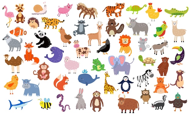 Большой набор милых животных. Детские персонажи для детского дизайна. Векторная иллюстрация