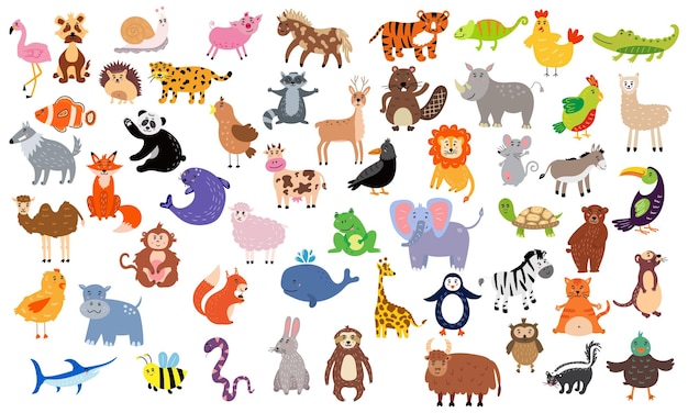 Large set of cute animals.  Nursery characters for children's design. Vector illustration