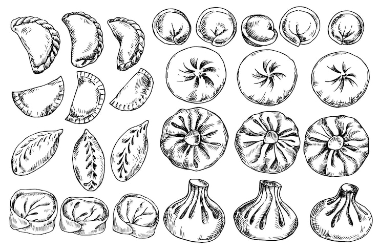 Vector a large set of different types of dumplings khinkali illustration in sketch style frozen food