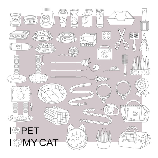 Vector a large set of elements for animals cats dogs pet care line art