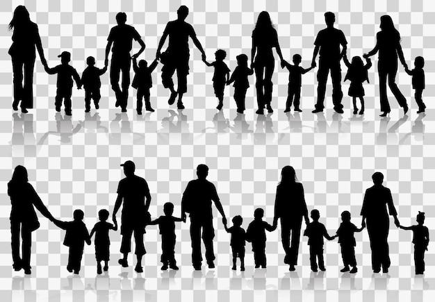 大規模なセット家族シルエット手をつないでいる親、透明な背景で隔離のベクトル図