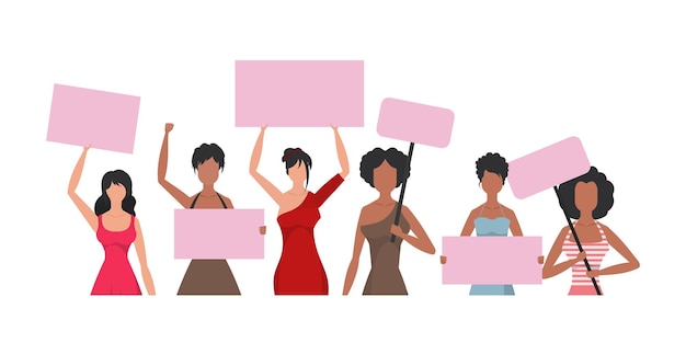Vector a large set of girls who came out to protest the rebellious girl is shown to the waist isolated cute illustration in flat style