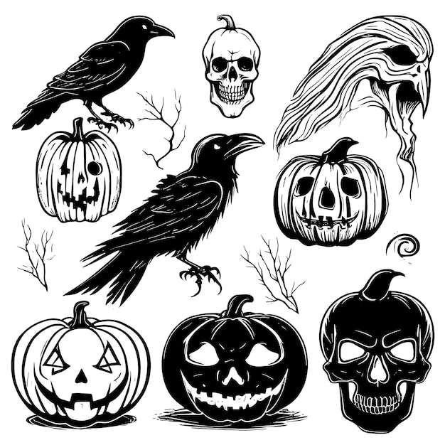Large set of halloween sketches white background vector illustration hand drawn halloween decoration
