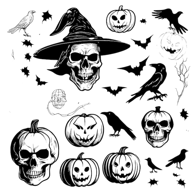 Большой набор эскизов Хэллоуина на белом фоне векторная иллюстрация рисованной украшения Хэллоуина