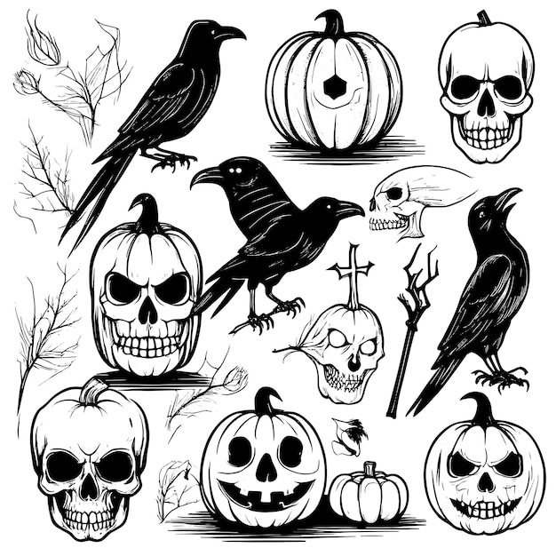 Large set of halloween sketches white background vector illustration hand drawn halloween decoration