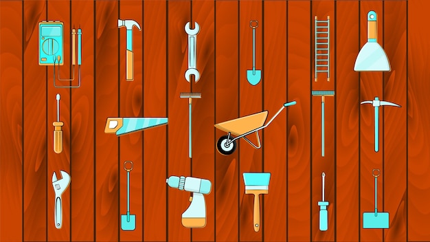 Vector a large set of icons of construction plumbing garden repair tools on a wooden background