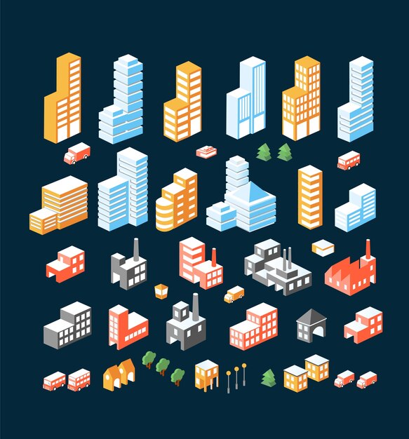 Vector a large set of isometric buildings, buildings and transport.