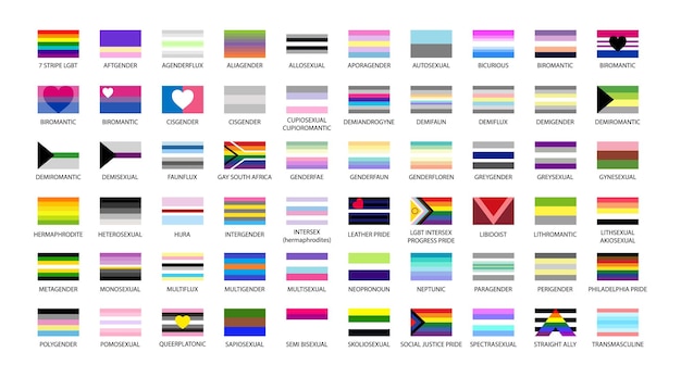 Large set lgbtq community flags LGBT Pride Month illustrations LGBTQ concept support homosexuality