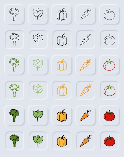 Vector large set of linear neomorphic style vegetable icons on buttons