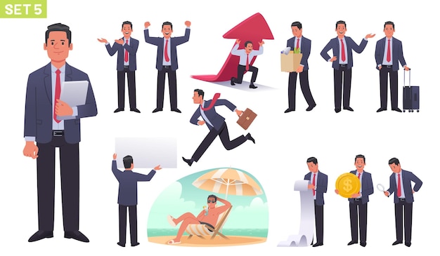 Vector large set manager character businessman entrepreneur different poses actions vacation  celebrating