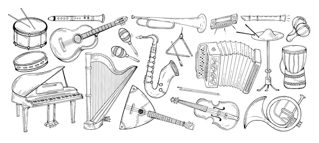 Large set musical instruments hand drawn style vector black and white doodle