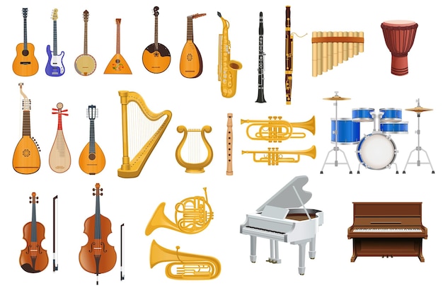 Large set of musical instruments on a white backgroundStrings keyboards percussion wind instruments