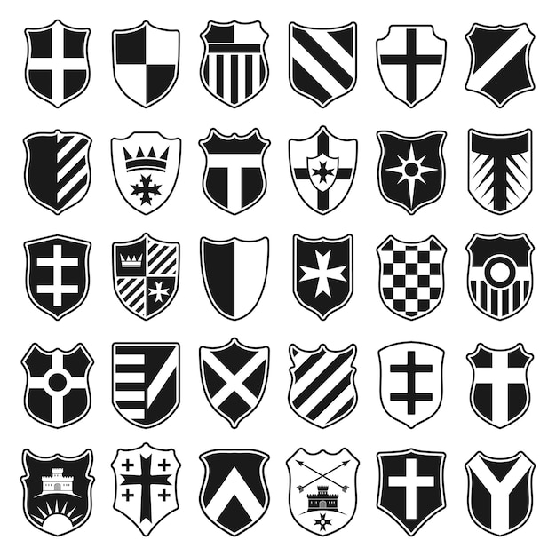 Большой набор черных геральдических щитов с эмблемами на белом фоне векторная иллюстрация