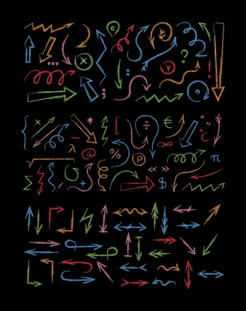 ベクトル 大きなチョークの矢印セット 手描きの矢印 句読符号 数学的シンボル ドードルベクトルイラスト