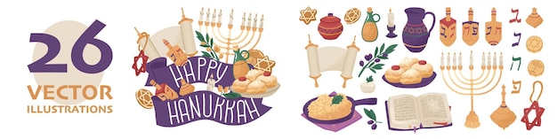 Вектор Большой набор на тему празднование традиционного еврейского праздника ханука семейные ценности и религиозные ритуалы векторная иллюстрация, изолированная на белом фоне