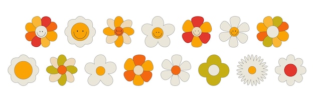 Large set of retro flowers smiling face collection of different flowers in a hippie style