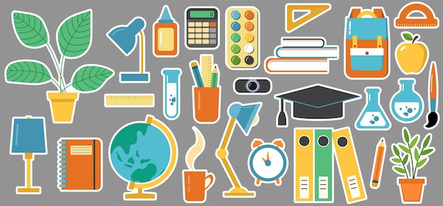 Large set of school stickers Flat style Vector illustration