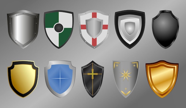 Large set of shields. Protection. Medieval knight shield. Vector illustration