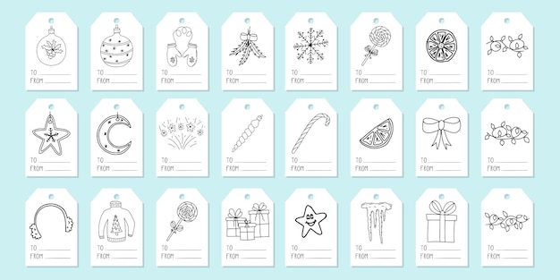 Ampio set di etichette per confezioni regalo. etichette con elementi natalizi e invernali disegnati a mano