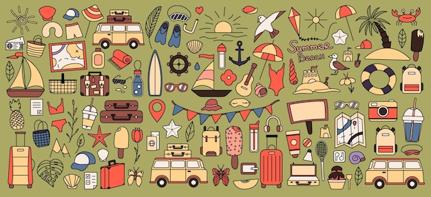 A large set with things for traveling to the mountains and the sea. set of travel things on vacation. summer collection. vector line icon. editable stroke. doodle style.