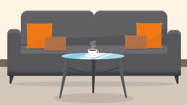 Vector large sofa with glass table and coffee cup at home