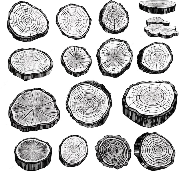 Vector large space colorful hand drawn sketch wood slices set art