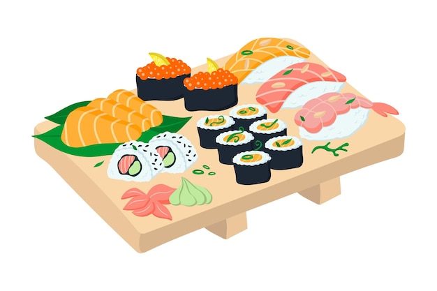 Large sushi set on a wooden plate