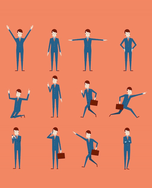 Vector large vector set of businessman character poses, gestures and actions. office worker professional standing, walking, talking on phone, working, running, delight, searching, and more.