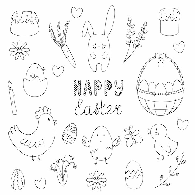 Vector large vector set for easter and christmas. contour doodle coloring book for kids. lettering by the hand of happy easter