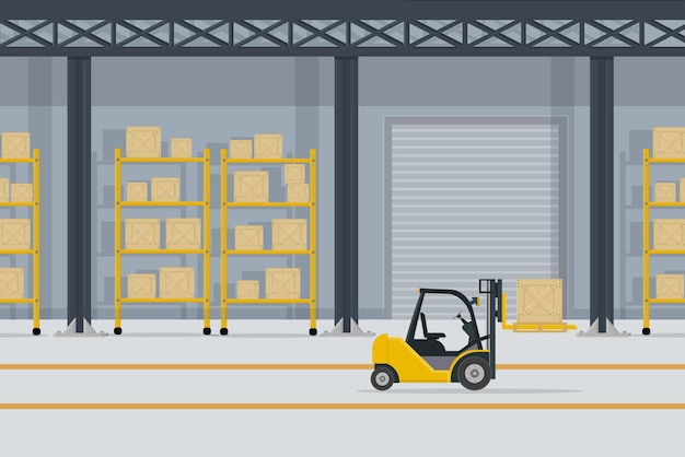 Vector large warehouse with shelves and boxes for goods and parcels by forklift yellow