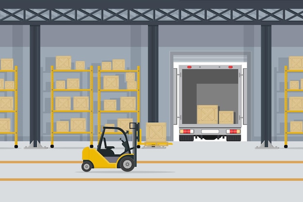 Vector large warehouse with shelves and boxes for goods and parcels by yellow forklift and truck