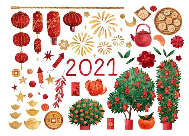 Large watercolor set for chinese new year with tangerine trees, red envelopes, lanterns and fireworks