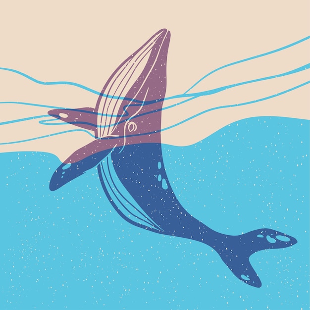 A large whale jumps out of the water. Colorful cute screen printing effect. Riso print effect.