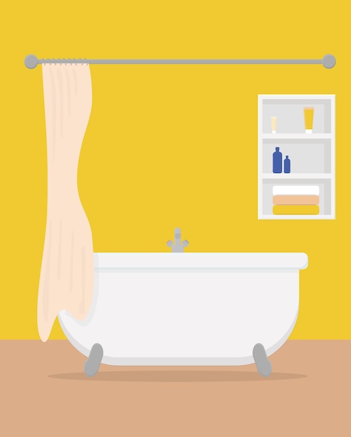 Vector a large white bathtub with a tap and a curtain and a shelf with towels and cosmetics