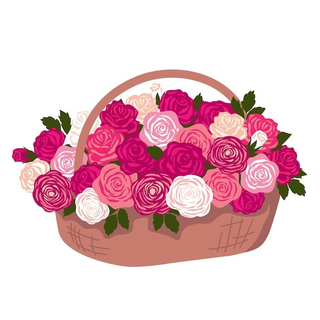 A large wicker basket with an armful of colorful roses flower basket with flowers