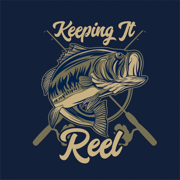 Largemouth bass fishing with rod and typography keeping it reel