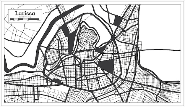 Larissa Greece City Map in Black and White Color in Retro Style Outline Map