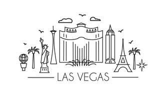 Las vegas lineart illustration. vegas holiday travel line drawing. modern style american flat illustration. hand sketched poster, banner, postcard, card template for travel company, t-shirt, shirt. ve