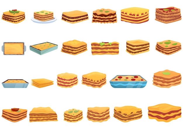 Lasagna icons set. cartoon set of lasagna vector icons for web design