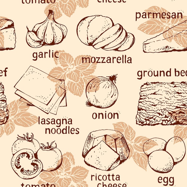 Vettore ingredienti di lasagna vettore modello senza cuciture sfondo alimentare disegnato a mano