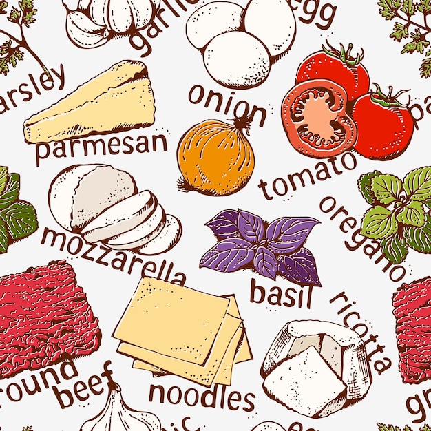 Vector lasagna ingredients vector seamless pattern hand drawn food background