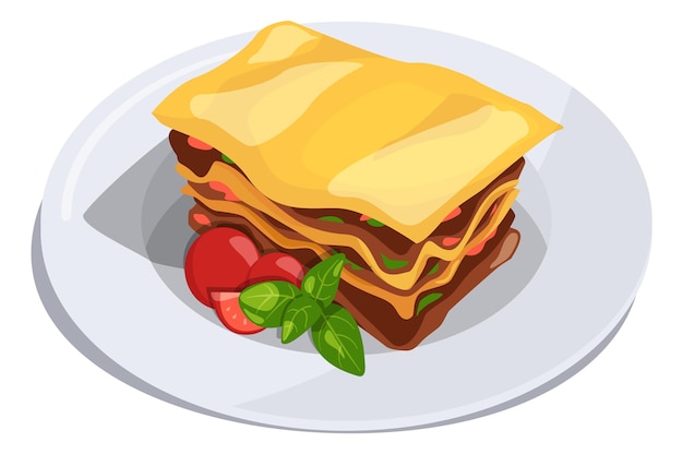 Lasagna plate Cooked homemade meal Cartoon dish isolated on white background