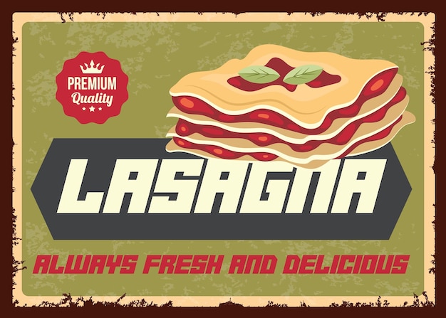 Lasagna retro tin sign advertisement restaurant pizzeria retro poster vector design