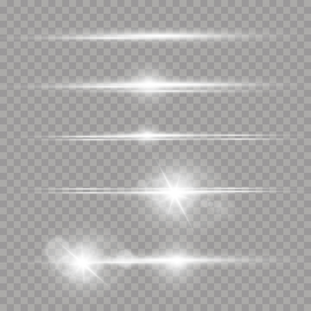 Laser beams, horizontal light rays Set of white lens flares