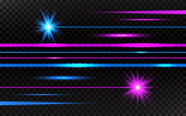Vector laser beams set. pink and blue horizontal light rays background