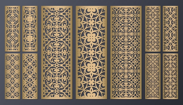 Laser cut decorative lace borders patterns. set of bookmarks templates. cabinet fretwork panel. lasercut metal panel. wood carving.