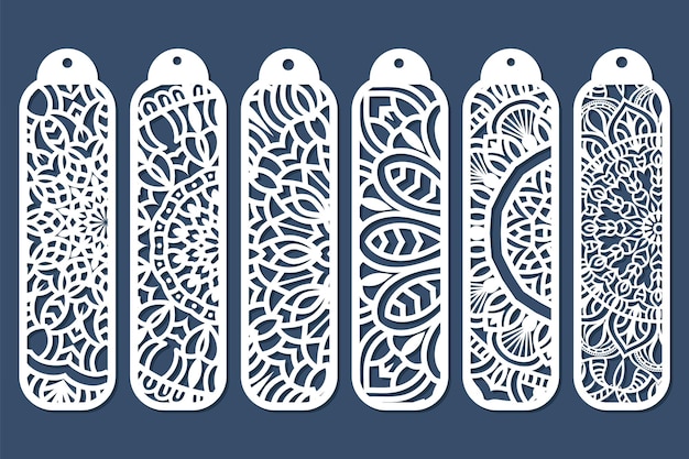 Vector laser cut decorative ornamental borders patterns in japanese kumiko style. set of bookmarks templat